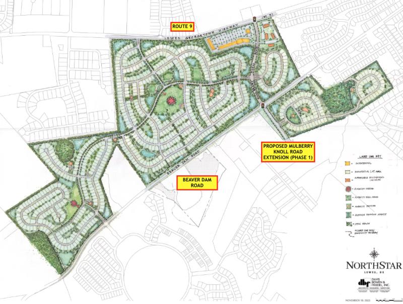 The Northstar preliminary site plan includes 758 single-family home lots, 94 multifamily affordable units and 96,000 square feet of commercial space along Route 9. The entire parcel is 433 acres. DAVIS, BOWEN, FRIEDEL GRAPHIC